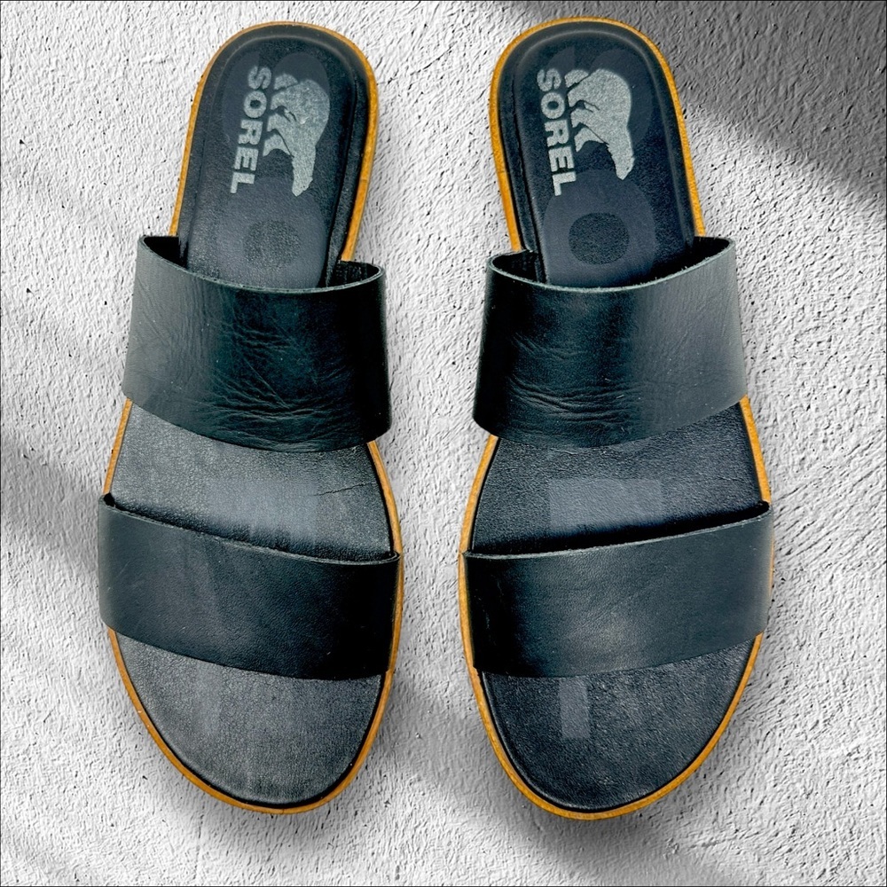 Sorel Black Leather Slide Sandals Flat Size 9.5 Comfort Ella Neutral Minimalist